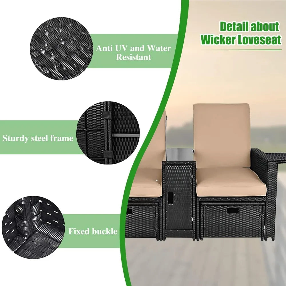 Patio Wicker Loveseat - Outdoor Rattan Sofa Set with Cushion - Adjustable Lounge Chair with Ottoman Footrest, Wicker Furniture