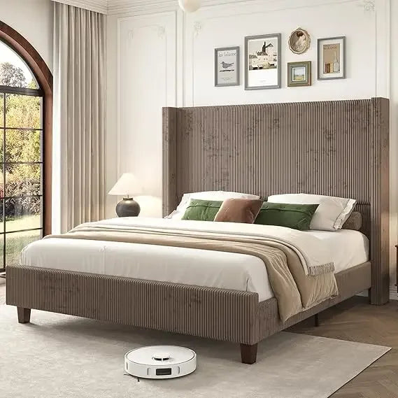 Corduroy Upholstered Bed Frame, Platform Bed with Vertical Stripe Wingback Headboard, No Box Spring Needed