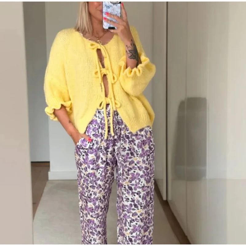 Bow Lace Up Hollow Out Knitted Cardigan Women Sweater Fashion O-neck Fungus Half Sleeve Sweaters Female Office 2024 Autumn Top