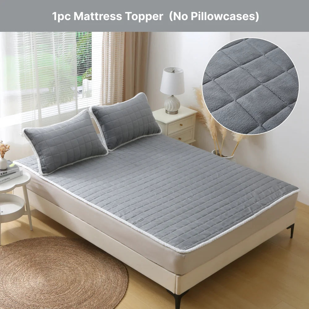 1pc Quilted Mattress Topper, Soft Velvet Milk Fiber Mattress Cover, Breathable Flannel, Anti-Slip, Machine Washable