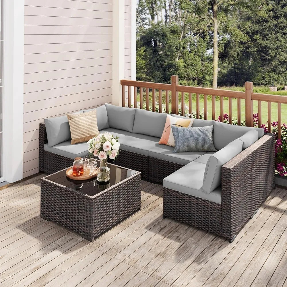 7 Pieces Outdoor Patio Furniture Set PE Rattan Outdoor Wicker Sectional Furniture Sofa Set, with Cushions and Glass Coffee Table