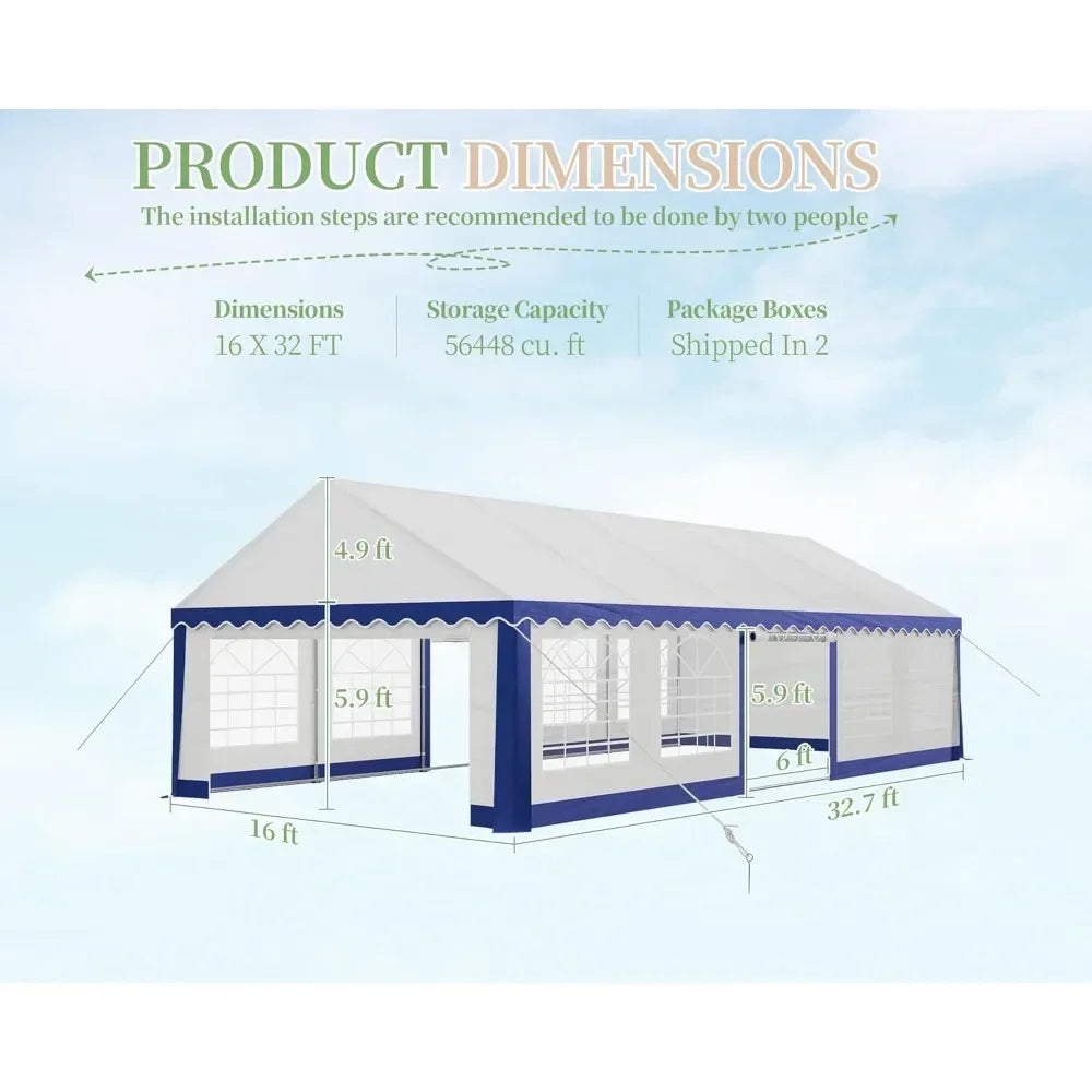 16X32FT Extra Large Outdoor Event Shelter, Wedding Party Tent with Sidewall Windows & 2 Side Doors/White with Blue Stripes