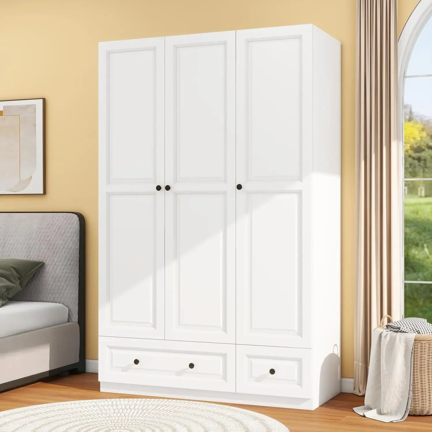3 DoorsBedroom Armoire Wardrobe Closet with 3 Drawers, Wooden Wardrobe Closet for Hanging Clothes