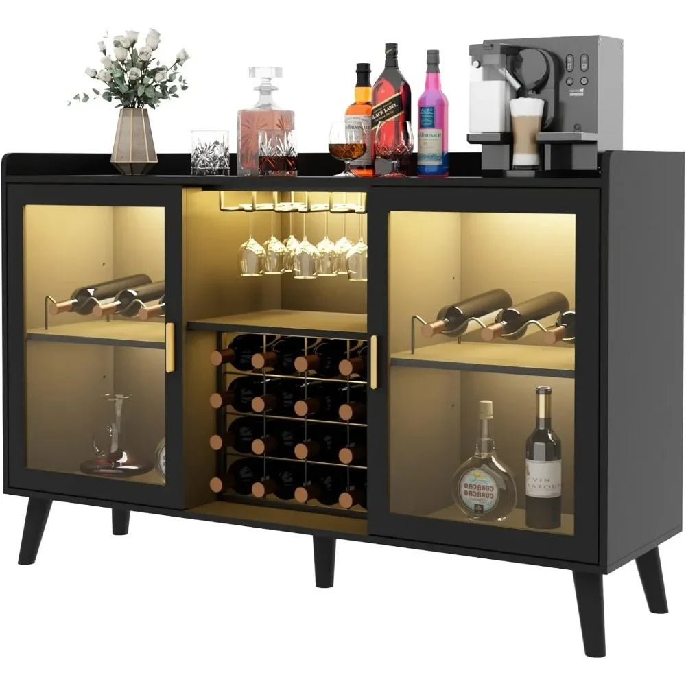Wine Bar Cabinet with Led Light, Home Coffee Cabinet with Wine and Glass Rack, Kitchen Buffet Sideboard with Storage Shelves