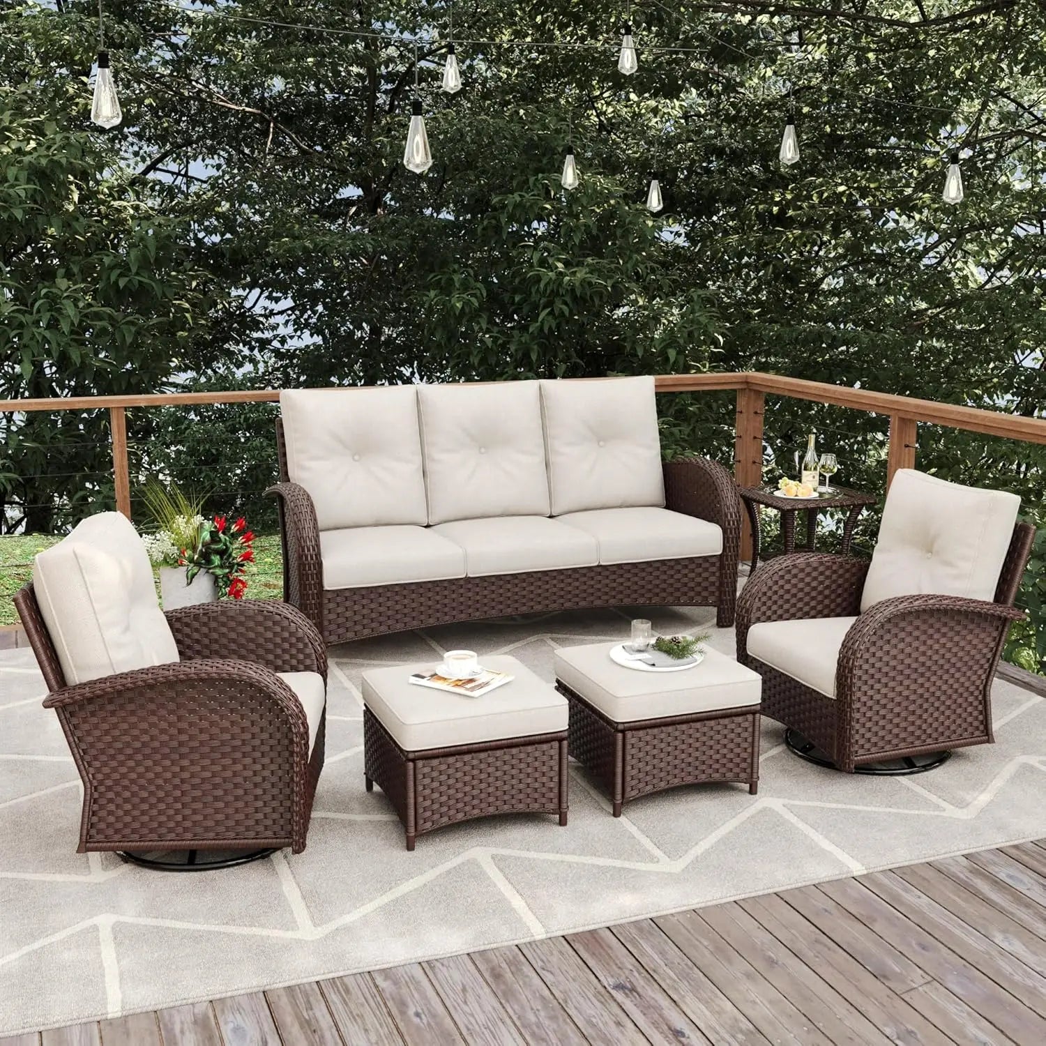 6 Pieces Patio Furniture Sets Wicker Rattan High Back Outdoor Swivel Rocking Chairs Set with 3-Seat Couch Ottomans and  Table