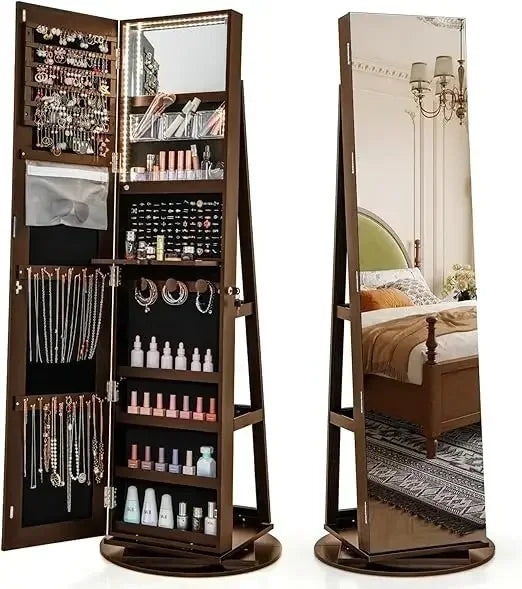 63.5" H Jewelry Armoire with Full Length Mirror 360° Swivel, Rear Storage Shelves, Lockable Standing Jewelry Cabinet Organizer