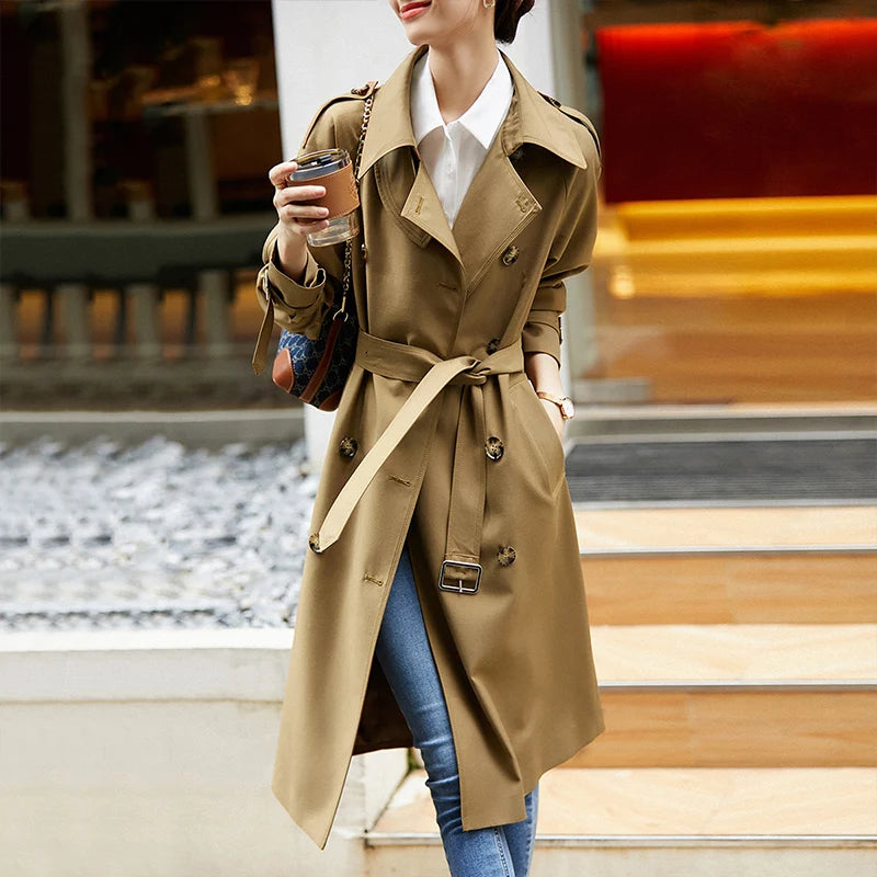SENTUBILA Women's Belted Trench Coat Elegant Long Windbreaker Jacket Autumn Winter Double Breasted Maillard Outerwear