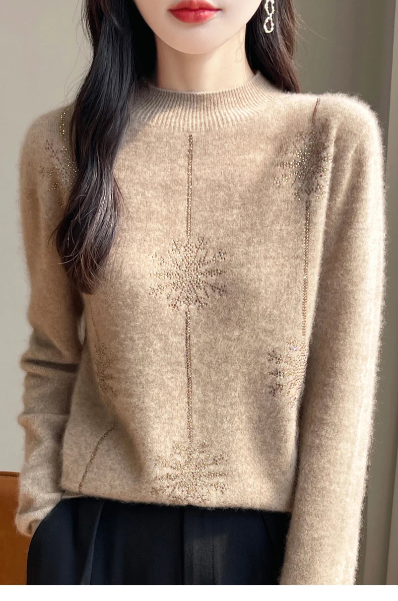 Diamond 100% Merino Wool Sweater 2024 New Women's Fashion Autumn/Winter Warm Hoodie Elegant Half High Collar Jumper Knitted Top