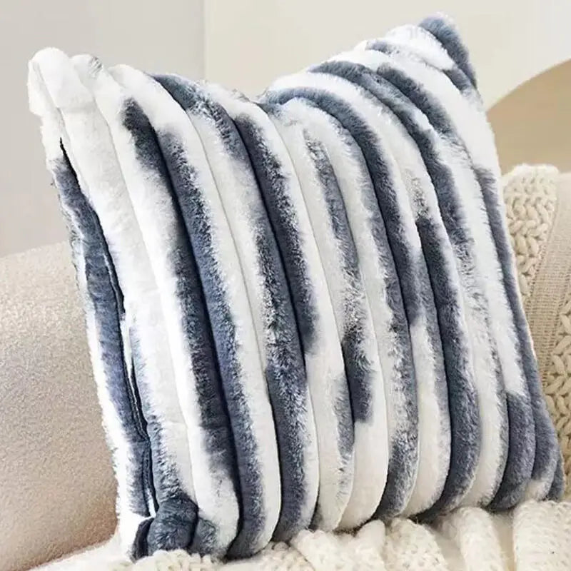1pc Double-Sided Faux Fur Plush Cushion Cover for Sofa Fuzzy Striped Soft Throw Decorative Pillow Covers for Couch or Bedroom