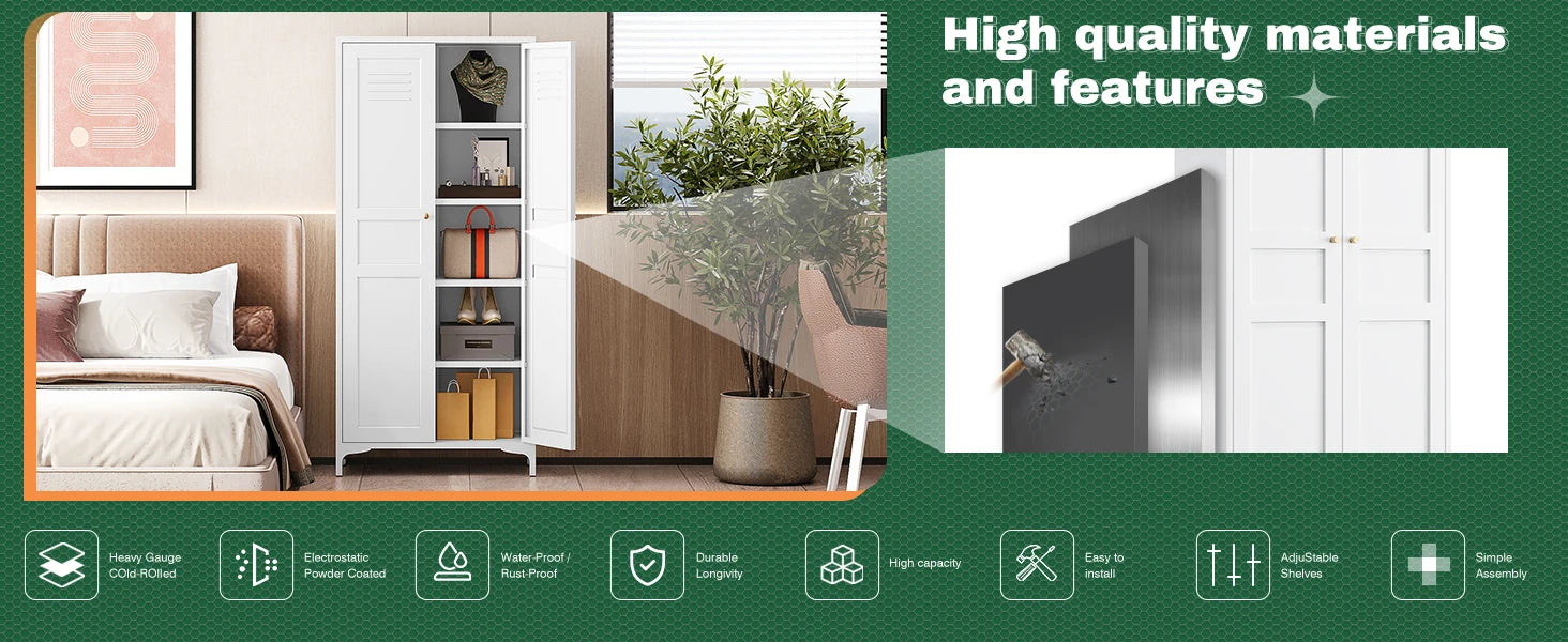 White Storage Cabinet with Feets-Metal Home Kitchen Pantry Cabinets with Doors and Adjustable Shelves,Organization Locker