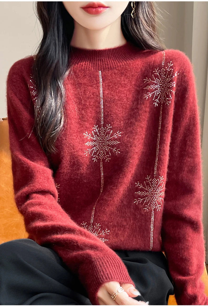 Diamond 100% Merino Wool Sweater 2024 New Women's Fashion Autumn/Winter Warm Hoodie Elegant Half High Collar Jumper Knitted Top