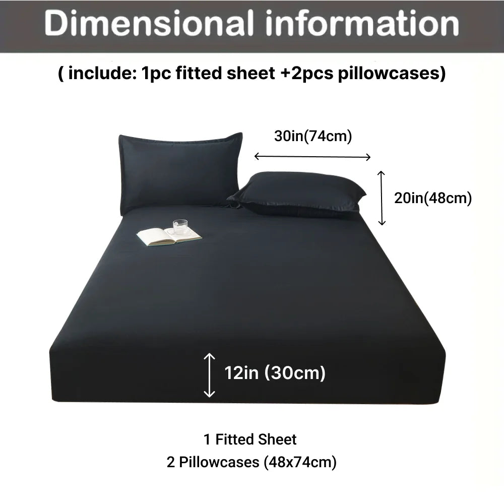 3pcs Cotton Fitted Bed Sheet Set (1 Fitted Sheet + 2 Pillowcases) Breathable Soft Mattress Cover with Pillow Cover Bedding Set