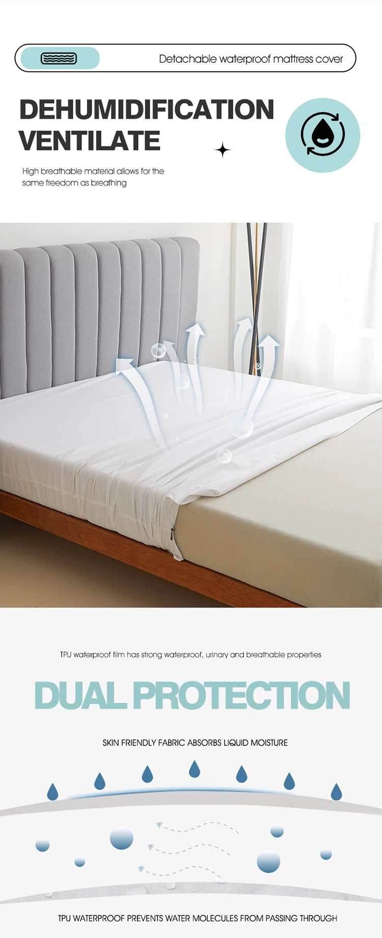 Waterproof Mattress Protector with Zipper Soft & Breathable Noiseless Mattress Cover for Single or Double Bed, Queen/King Size