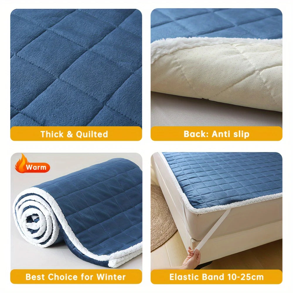 1pc Quilted Mattress Topper, Soft Velvet Milk Fiber Mattress Cover, Breathable Flannel, Anti-Slip, Machine Washable