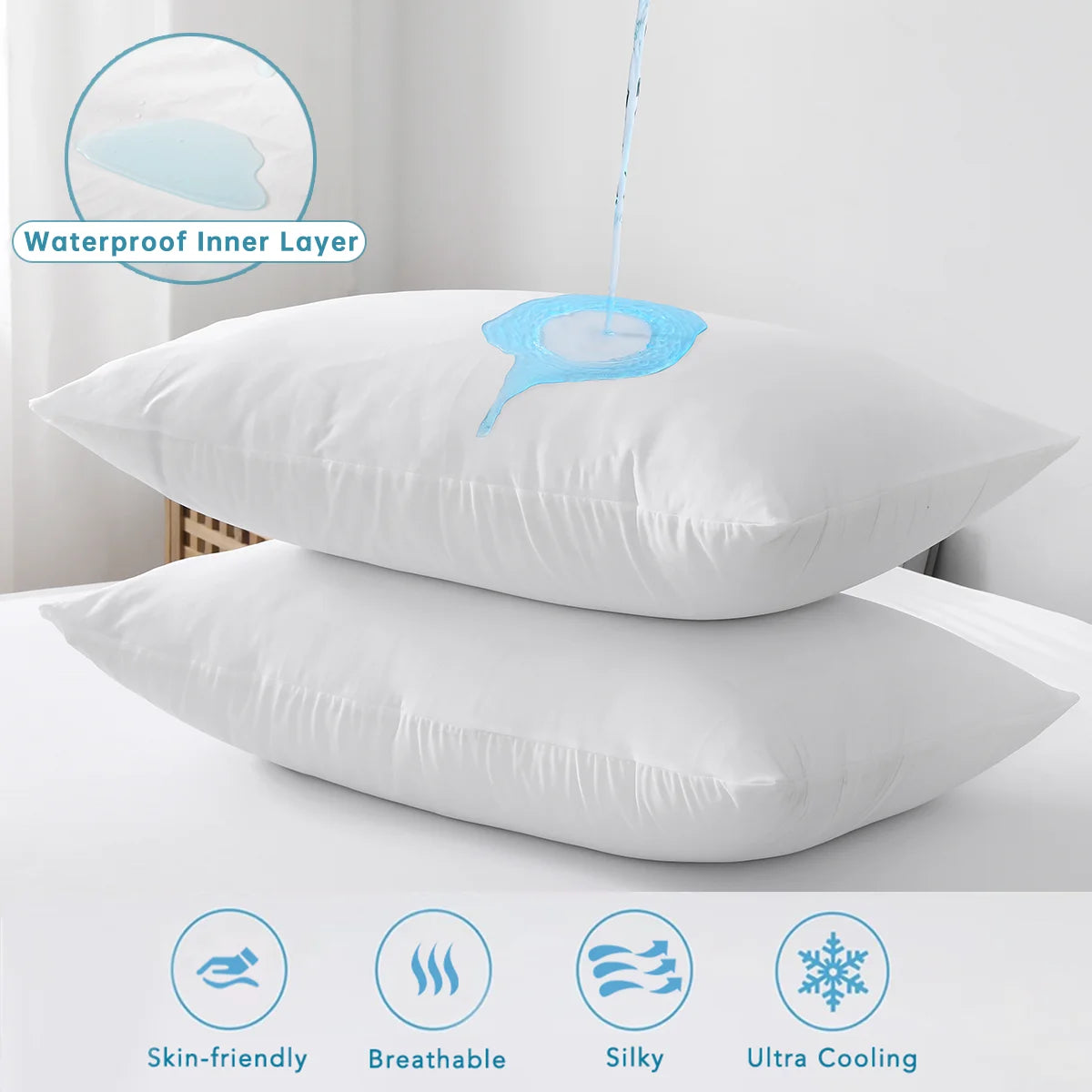 2pcs Cooling & Waterproof Pillowcases (Q-Max: 0.35) 100% Cooling Nylon Jacquard Pillow Cover with Zipper for Hot Sleepers Summer