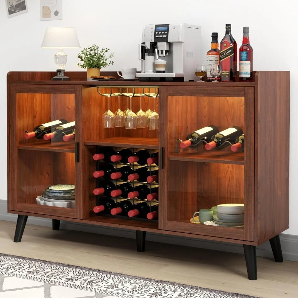 Wine Bar Cabinet with LED Light, Home Coffee Cabinet with Wine Rack and Glass Holder, Kitchen Buffet Sideboard W Storage