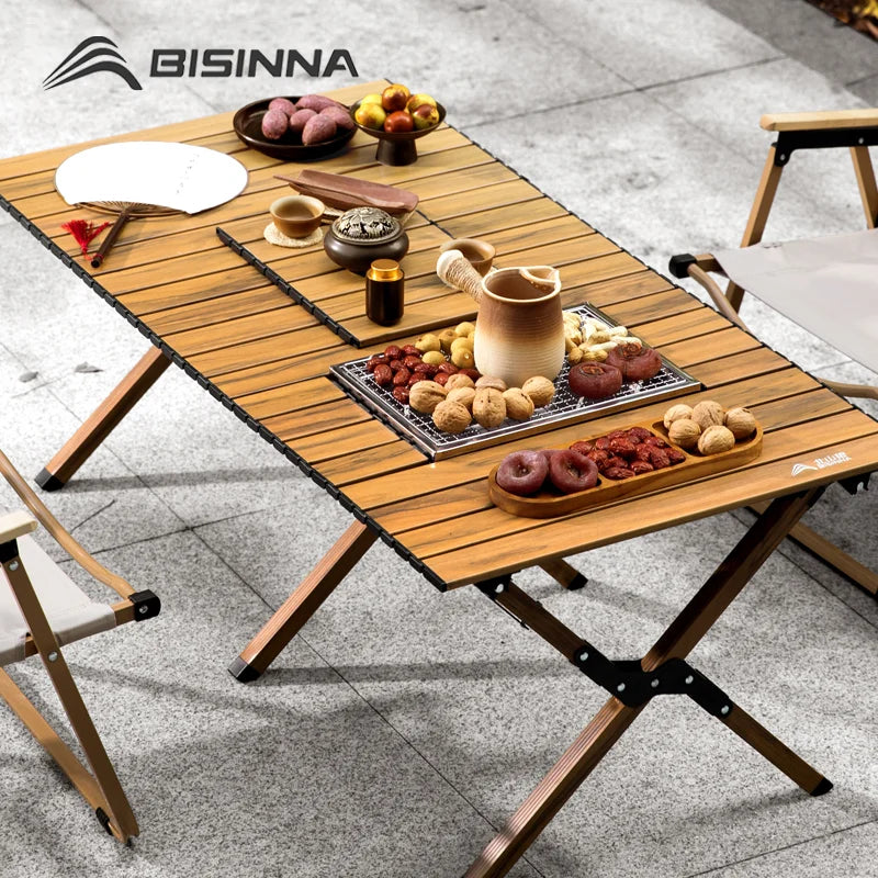 BISINNA Aluminum Alloy Custom Egg Roll Table Outdoor Folding Stove Boiling Tea Table Picnic Barbecue Wood Grain Egg Roll Table