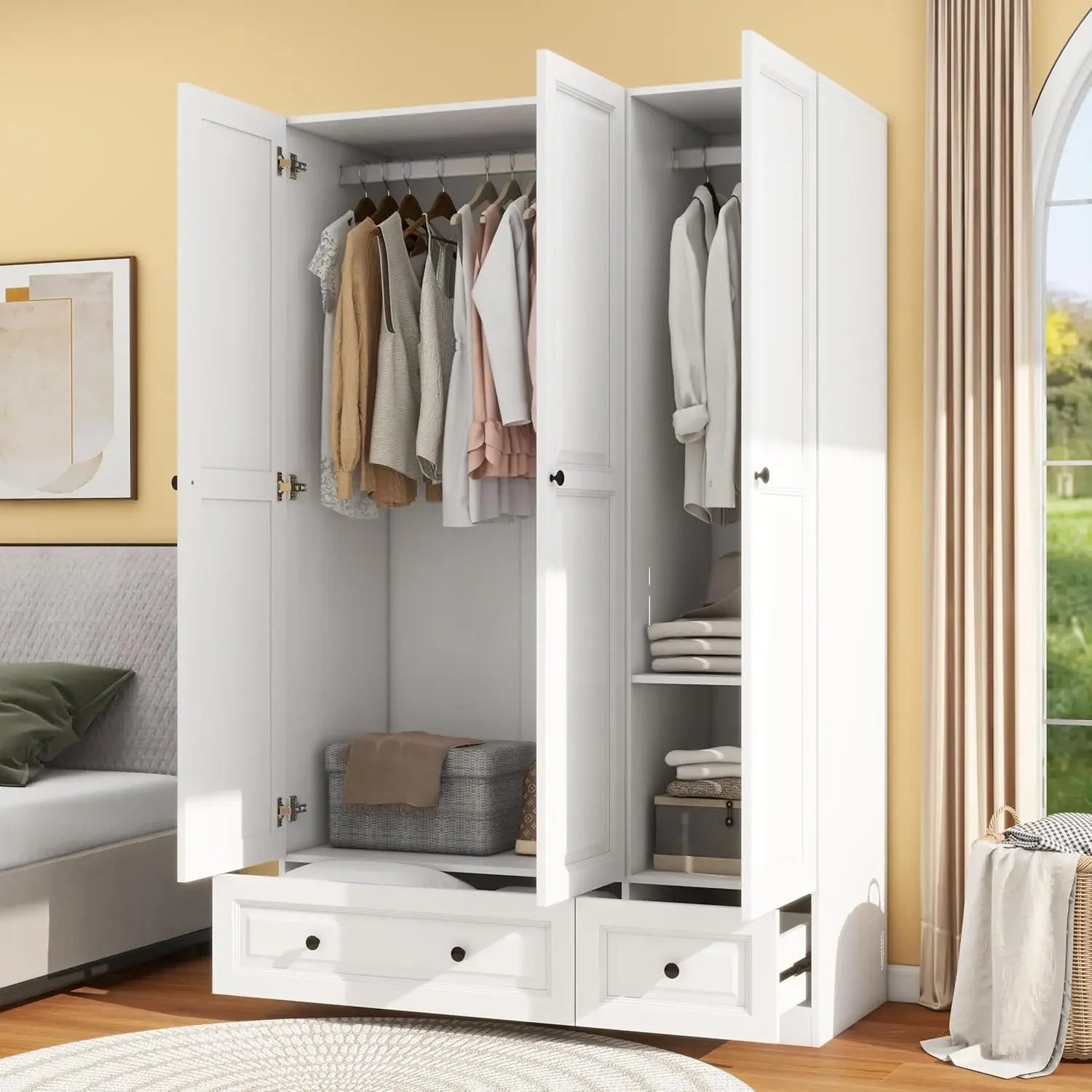 3 DoorsBedroom Armoire Wardrobe Closet with 3 Drawers, Wooden Wardrobe Closet for Hanging Clothes