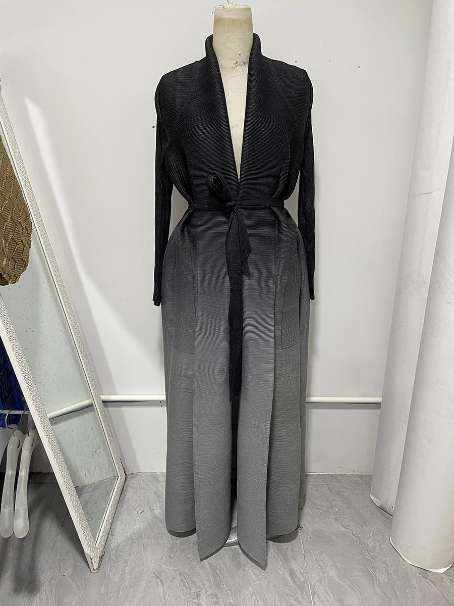 Miyake Pleated Gradient Turndown Collar Lantern Long Sleeve Jacket Women 2024 New Original Designer Abaya Fashion Long Coats