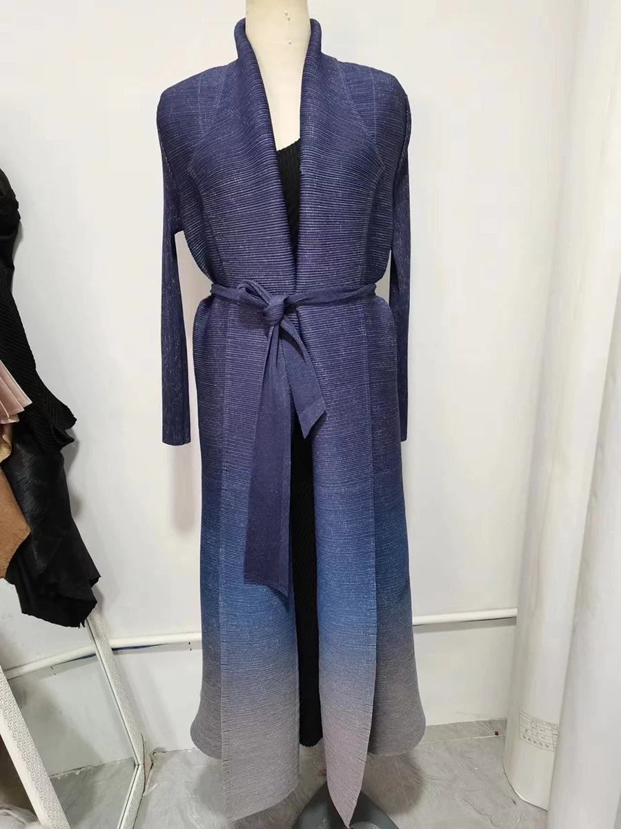 Miyake Pleated Gradient Turndown Collar Lantern Long Sleeve Jacket Women 2024 New Original Designer Abaya Fashion Long Coats