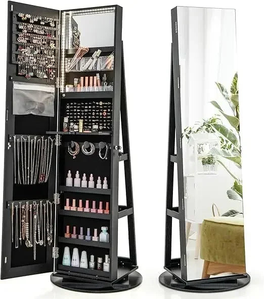 63.5" H Jewelry Armoire with Full Length Mirror 360° Swivel, Rear Storage Shelves, Lockable Standing Jewelry Cabinet Organizer