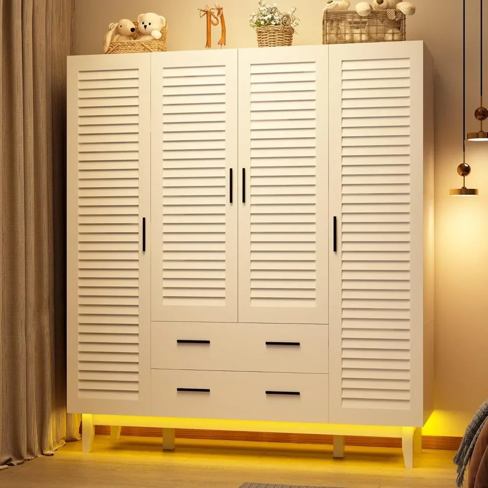 Armoire Wardrobe Closet Cabinet with Drawers and LED Lights, Multi-Tier Shelves, Hanging Rod & Louver Doors