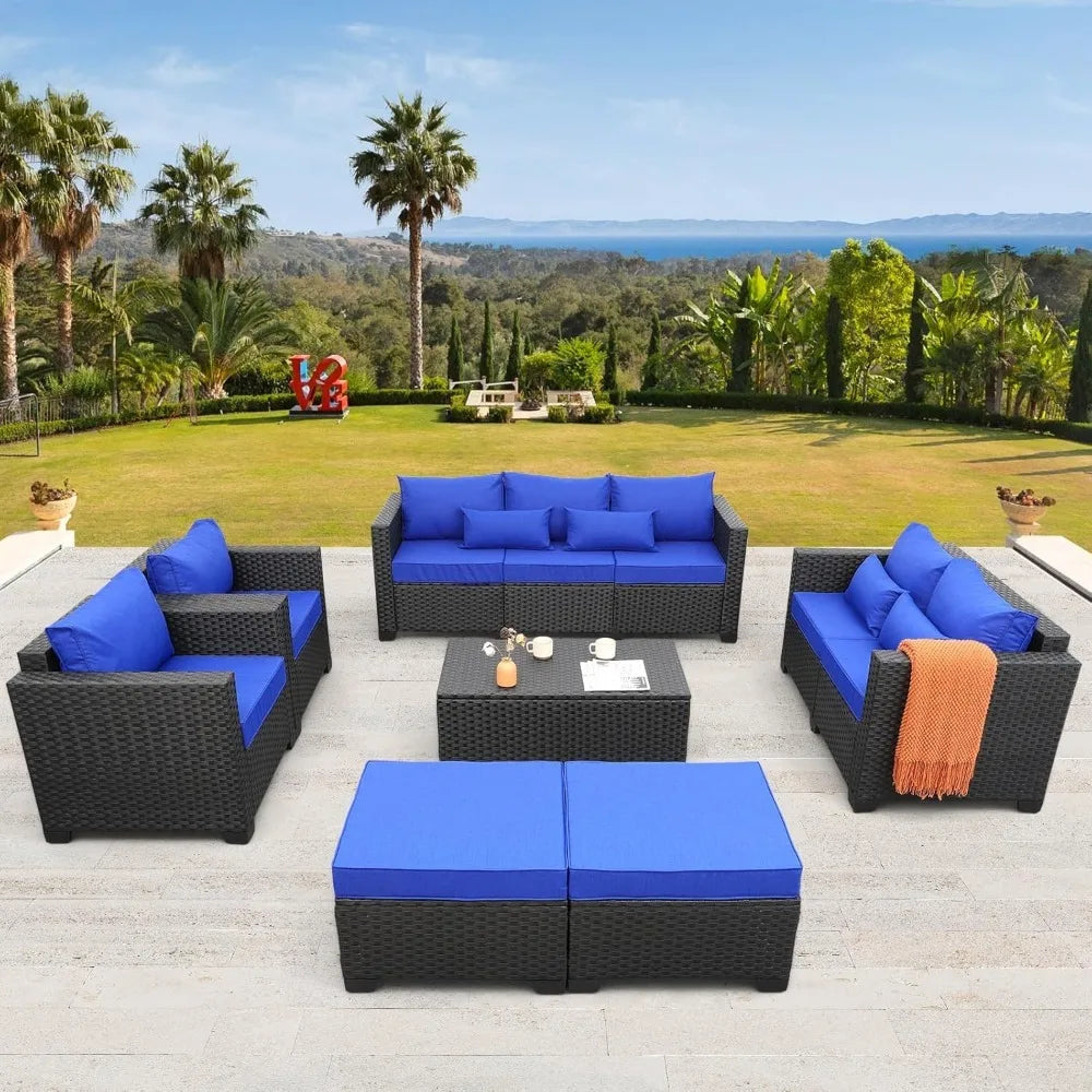Patio Wicker Furniture Set 7 Pieces Outdoor Black Rattan Conversation Seat Couch Sofa Chair Set and Furniture Covers