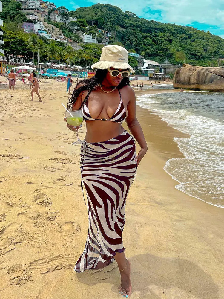 EDOLYNSA Sexy Zebra Stripes 3 Pieces Bikini Set 2024 Summer Beach Wear Triangle Bikinis Swimsuit Skirt Swimwear Cover-up A1554