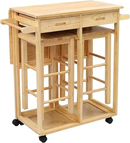 Kitchen Island Trolley Cart with 2 Square Stools and 2 Drawers Solid Wood Drop Leaf Table Easy Put Together