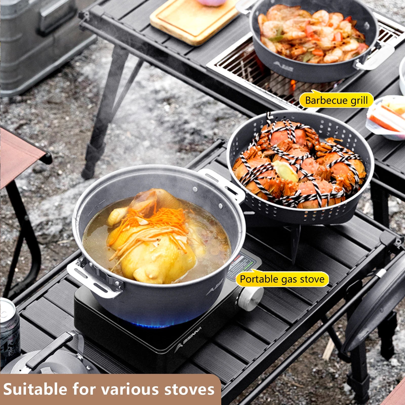 BISINNA Camping Cookware Set Outdoor Portable Tableware Pot Kettle Kitchen Equipment Frying Steaming Household Utensils Picnic