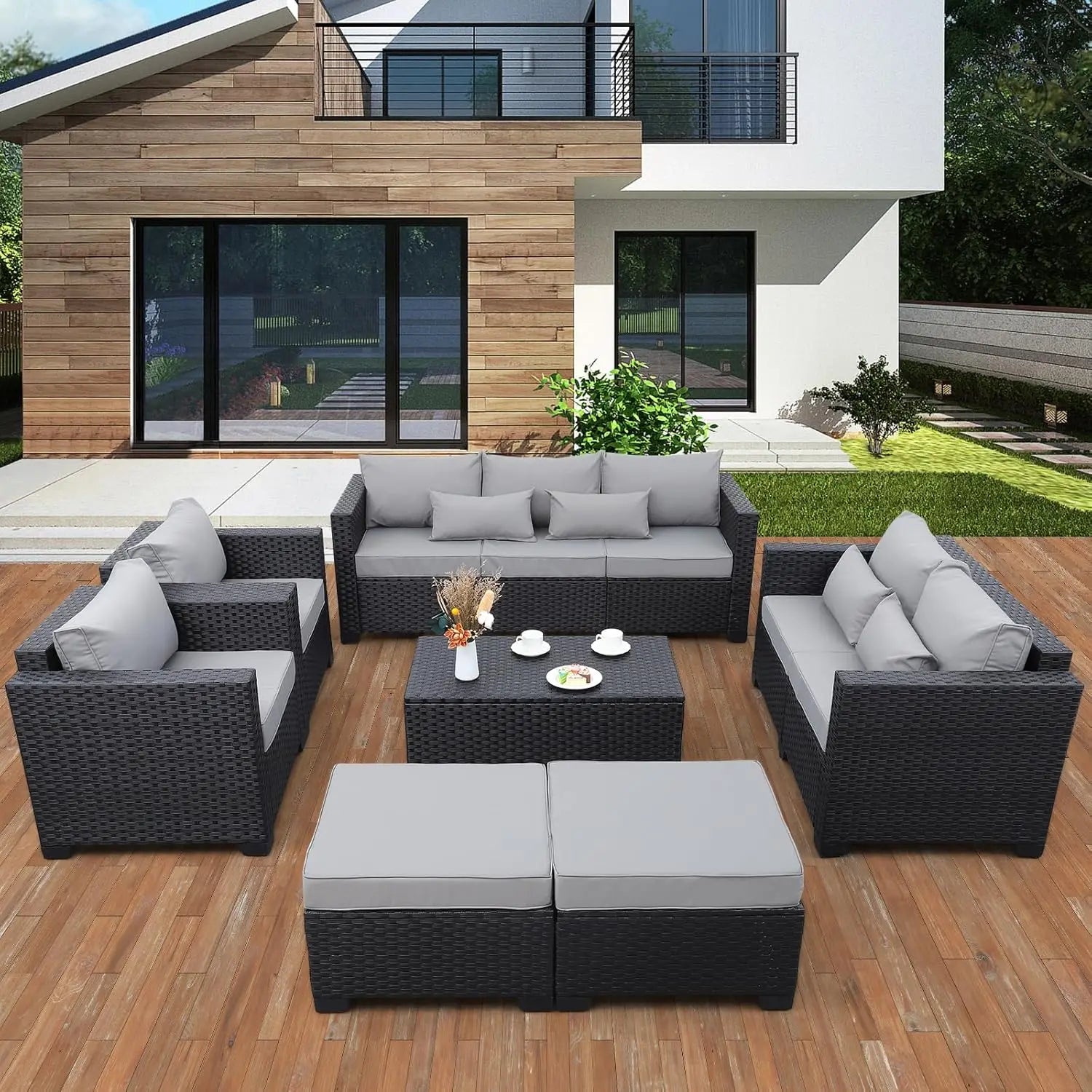Patio Wicker Furniture Set 7 Pieces Outdoor Black Rattan Conversation Seat Couch Sofa Chair Set and Furniture Covers
