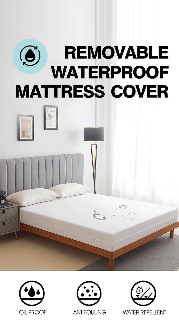 Waterproof Mattress Protector with Zipper Soft & Breathable Noiseless Mattress Cover for Single or Double Bed, Queen/King Size