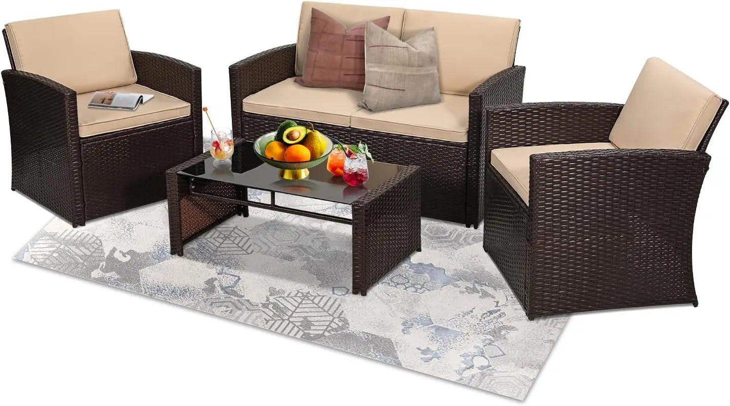 4 Piece Patio Conversation Set, Outdoor Wicker Sectional Furniture with Sofa, 2 Chairs, and Coffee Table, for Porch, Deck