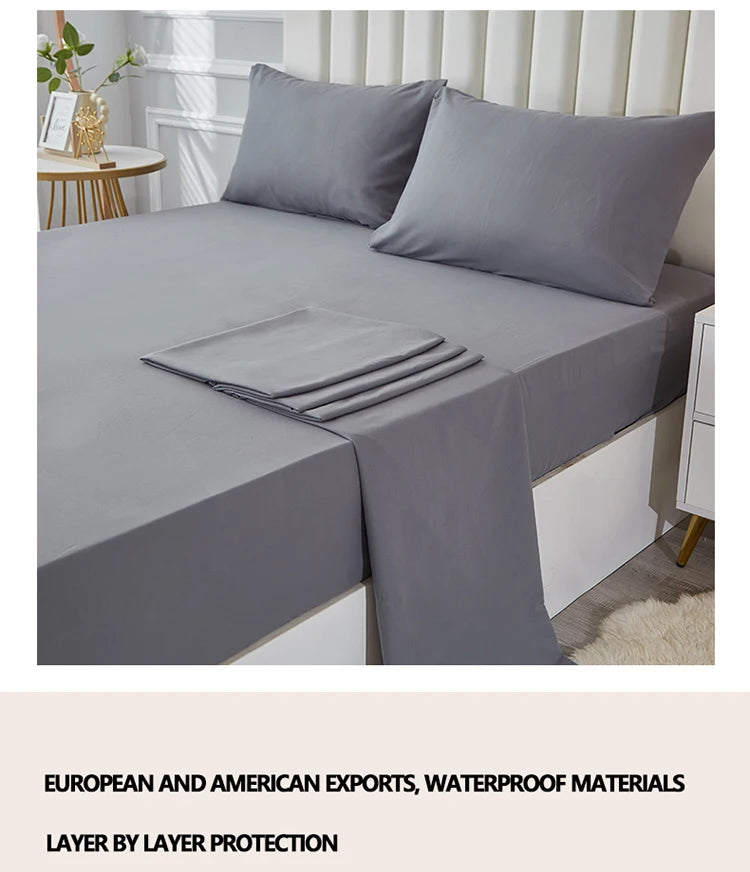3/4pcs Solid Beding Set, Waterproof Fitted sheet & Bed Sheet & Pillowcases Soft, Queen, KIng, Full, Twin Size, White and Gray