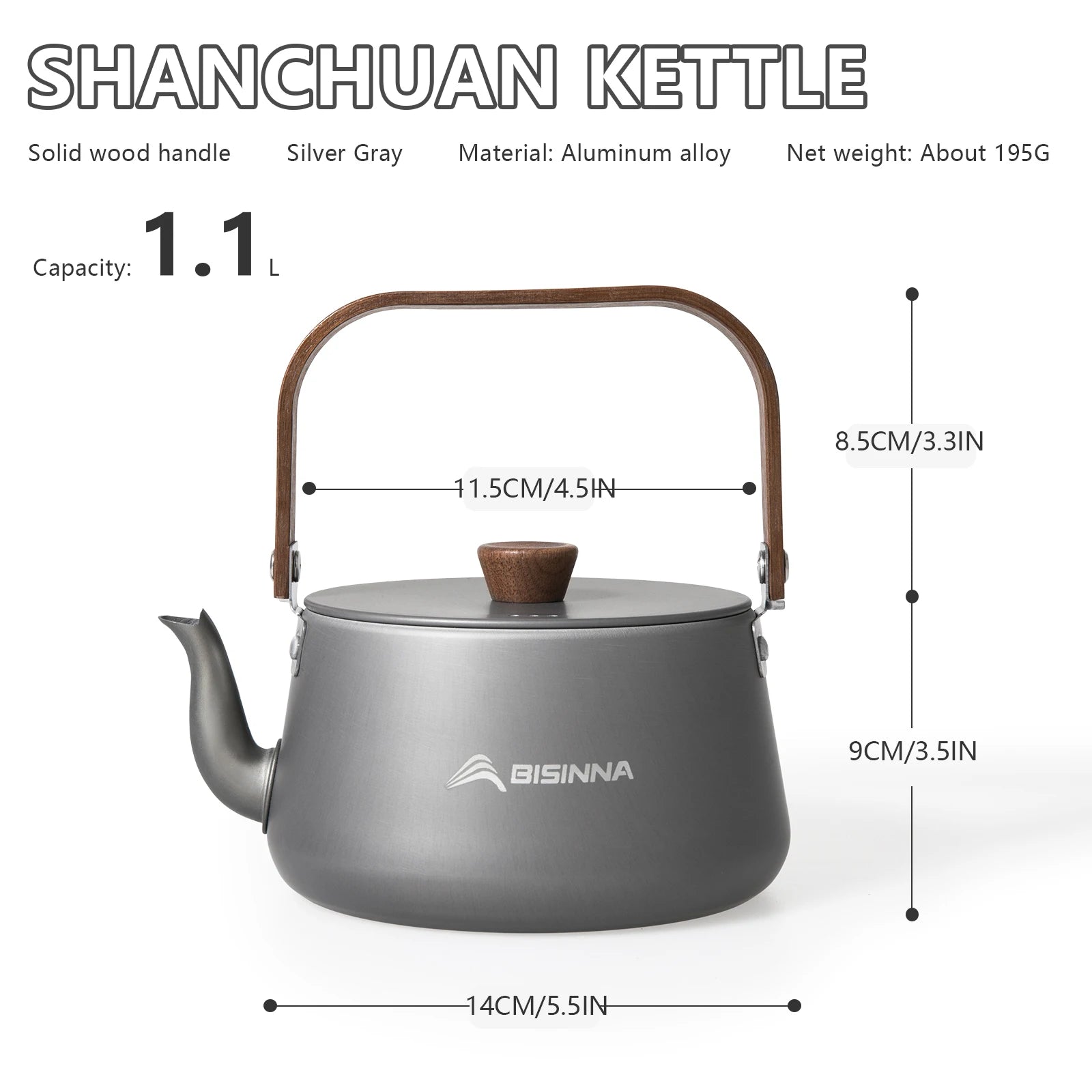 BISINNA 1.1L Camping Water Kettle Lightweight Portable Aluminum Alloy Teapot Outdoor Tourism Picnic Hiking Cookware