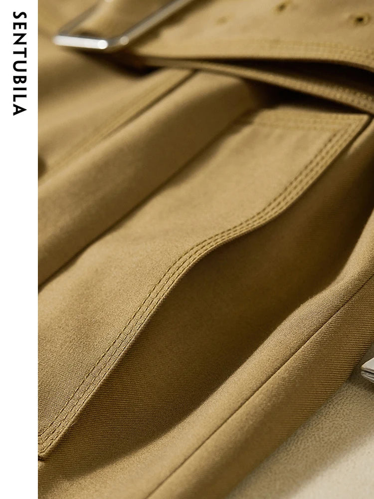 SENTUBILA Women's Belted Trench Coat Elegant Long Windbreaker Jacket Autumn Winter Double Breasted Maillard Outerwear