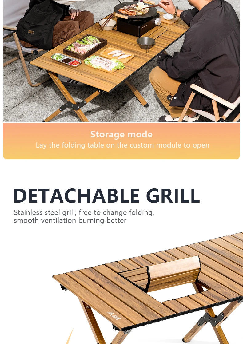 BISINNA Aluminum Alloy Custom Egg Roll Table Outdoor Folding Stove Boiling Tea Table Picnic Barbecue Wood Grain Egg Roll Table