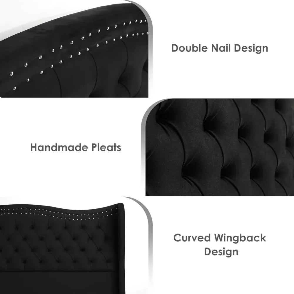 Bed Frame, 55"Headboard Upholstered Bed with Tall Footbaord,Velvet Handmade Pleats Deep Button Tufted WingbackPlatform Bed