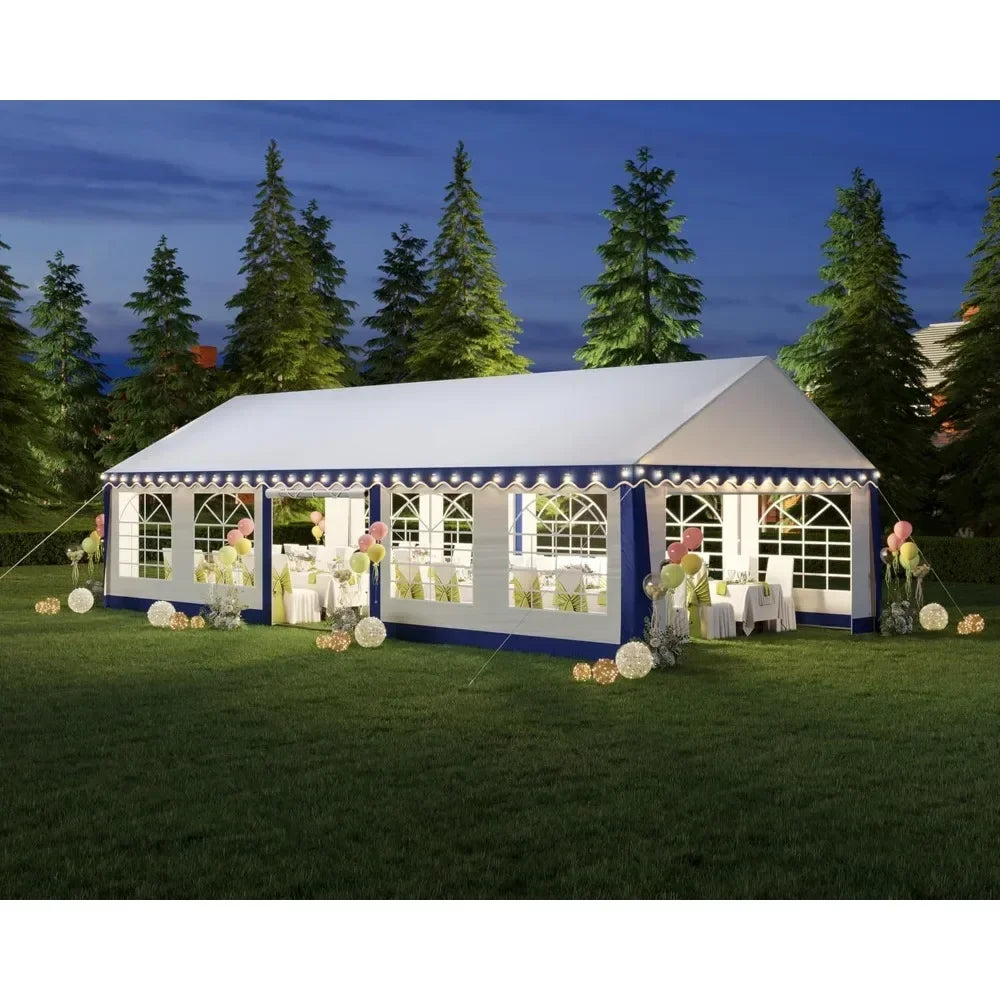 16X32FT Extra Large Outdoor Event Shelter, Wedding Party Tent with Sidewall Windows & 2 Side Doors/White with Blue Stripes