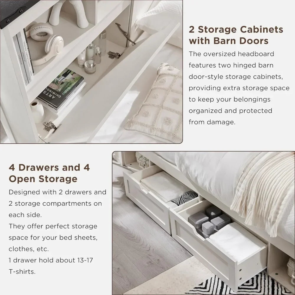 Farmhouse King Size Wood Bed Frame with 52" Tall Storage Head board and 4 Drawers, LED Light, ChargingStation, Solid Wood Slats Support