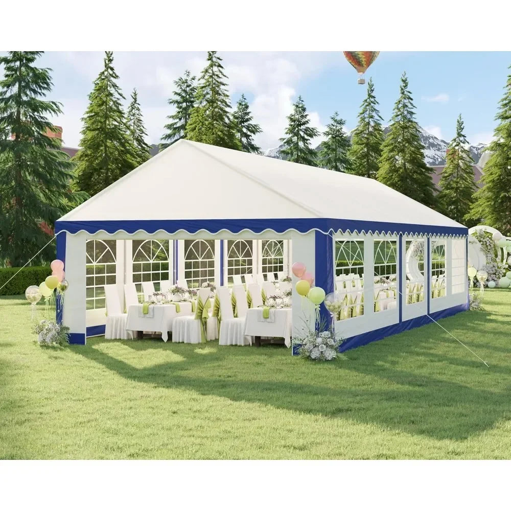 16X32FT Extra Large Outdoor Event Shelter, Wedding Party Tent with Sidewall Windows & 2 Side Doors/White with Blue Stripes