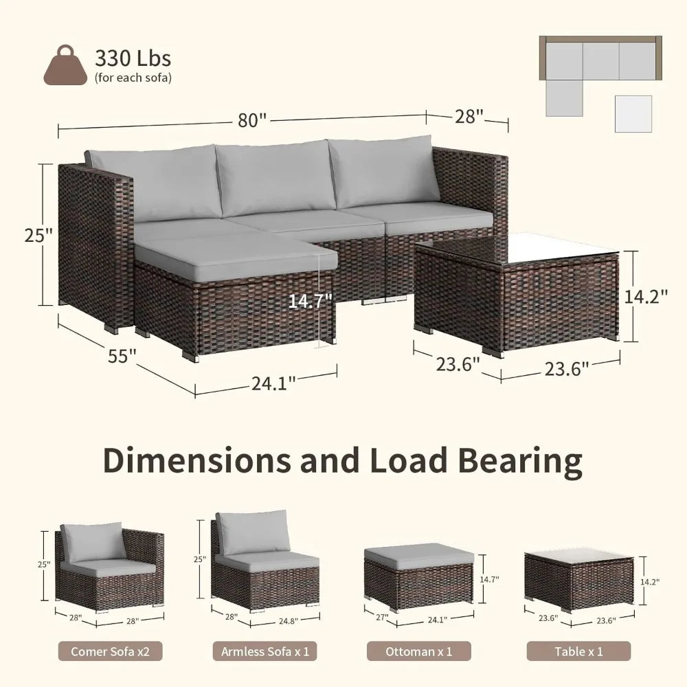 Outdoor Patio Sofa Set PE Wicker Rattan Sectional Conversation Sofa with a Glass Coffee Table for Backyard Porch Poolside Patio