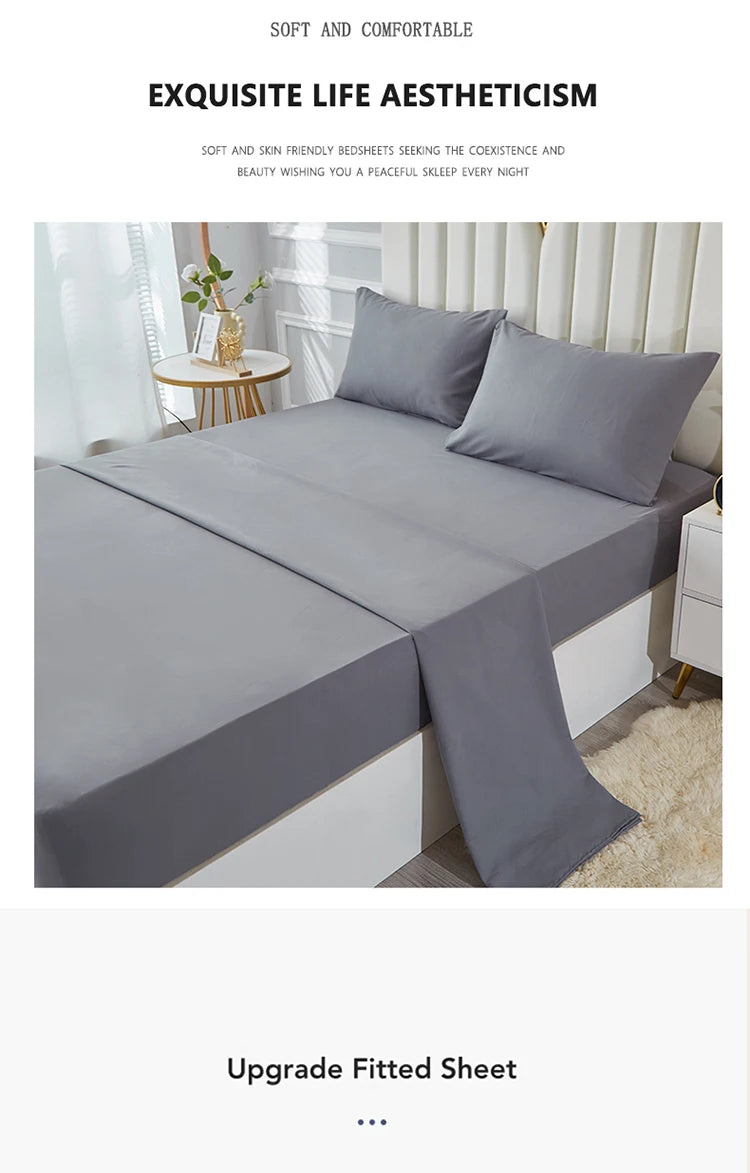 3/4pcs Solid Beding Set, Waterproof Fitted sheet & Bed Sheet & Pillowcases Soft, Queen, KIng, Full, Twin Size, White and Gray