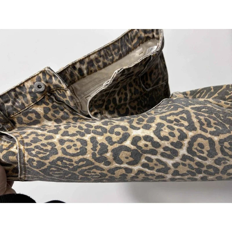 American Retro Leopard High Waist Baggy Jeans Women's Casual Pockets Hip-hop Pants 2024 Spring Y2K Oversiz Panther Denim Trouser