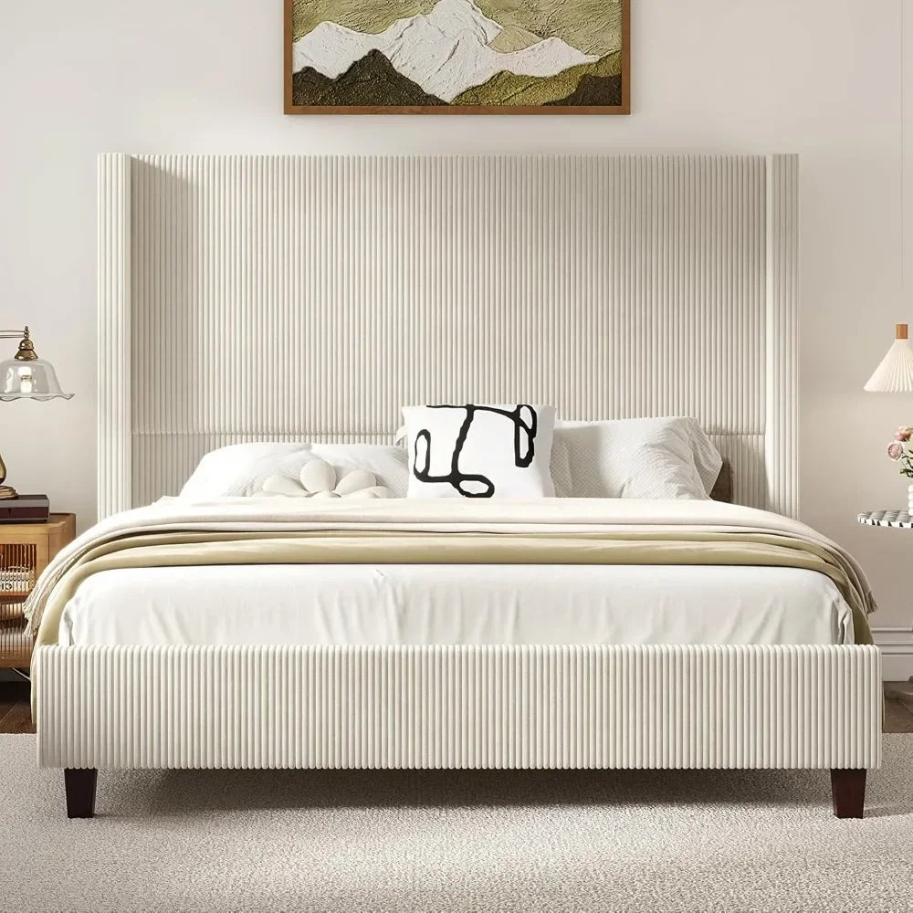 Corduroy Upholstered Bed Frame, Platform Bed with Vertical Stripe Wingback Headboard, No Box Spring Needed