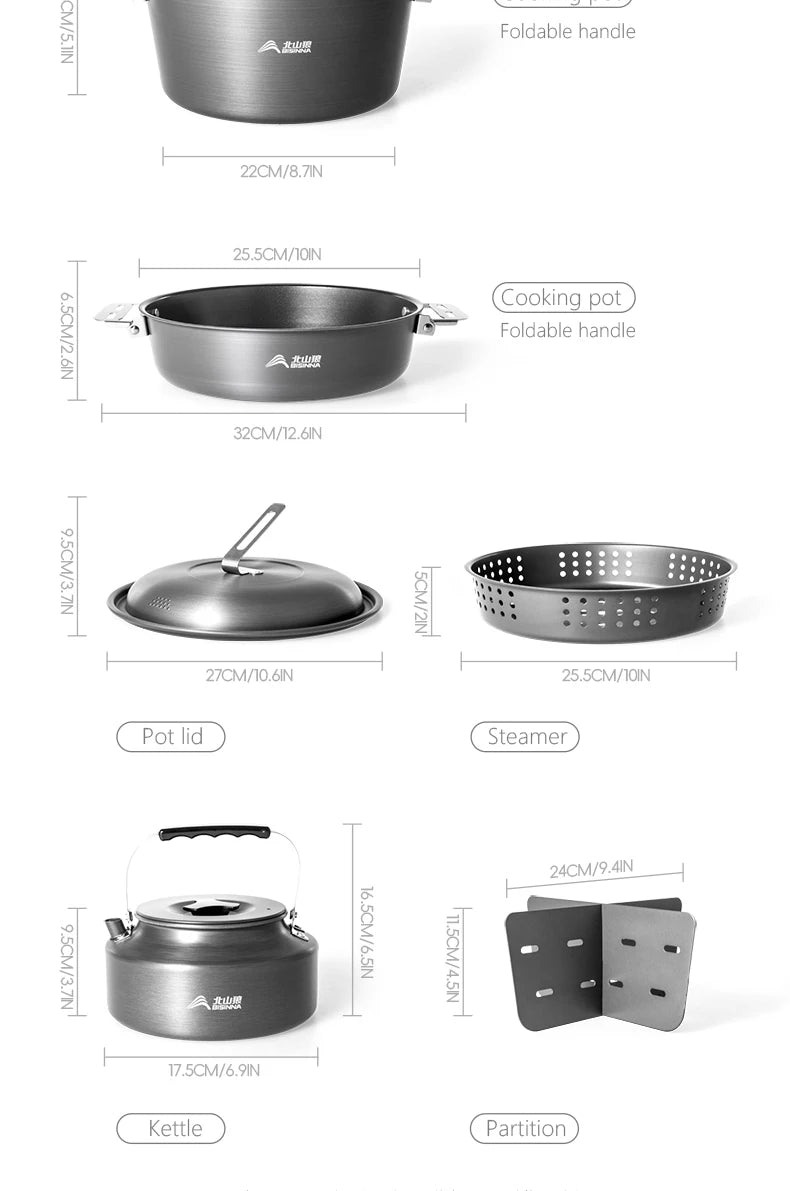 BISINNA Camping Cookware Set Outdoor Portable Tableware Pot Kettle Kitchen Equipment Frying Steaming Household Utensils Picnic