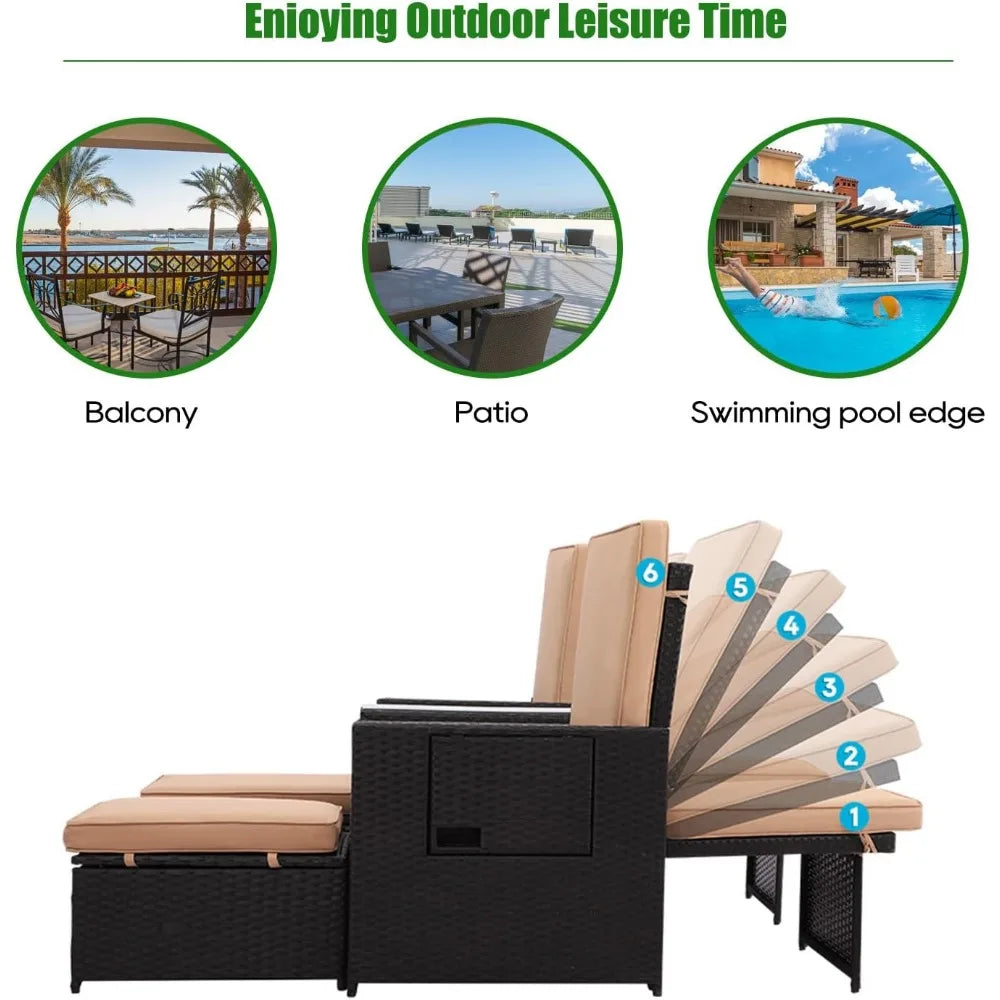 Patio Wicker Loveseat - Outdoor Rattan Sofa Set with Cushion - Adjustable Lounge Chair with Ottoman Footrest, Wicker Furniture