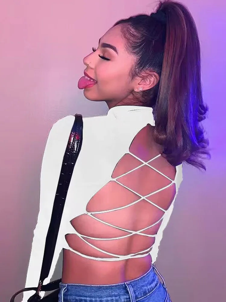 Womon cotton hollow out sexy tshirt bandage backless long sleeve tops Harajuku slim bodycon streetwear knitted tees