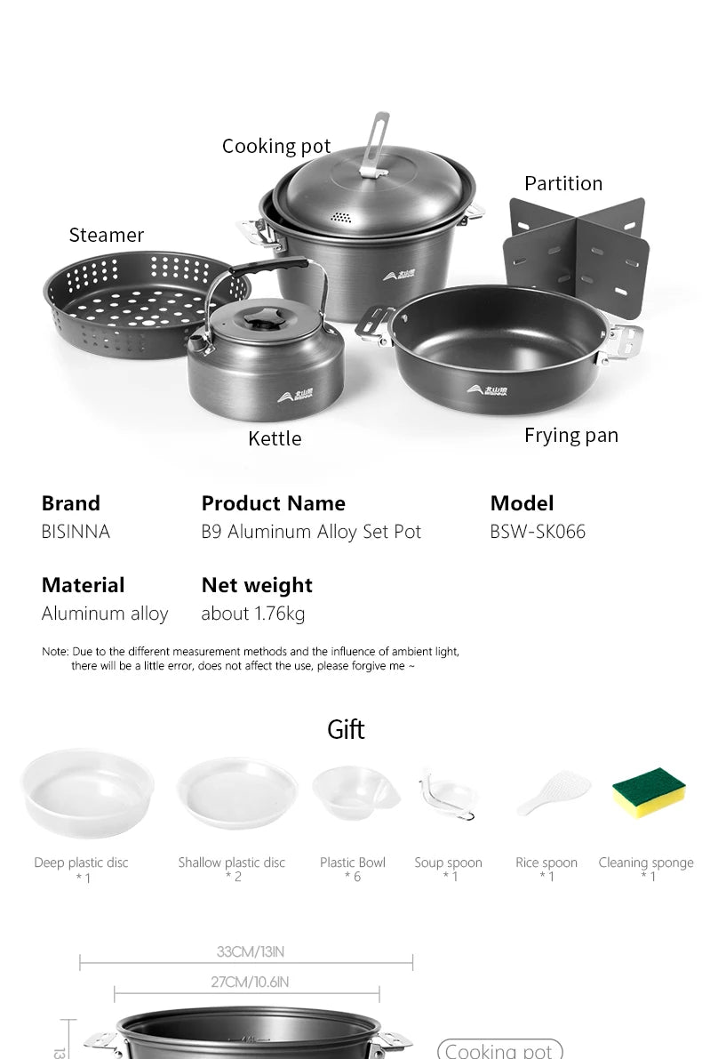 BISINNA Camping Cookware Set Outdoor Portable Tableware Pot Kettle Kitchen Equipment Frying Steaming Household Utensils Picnic