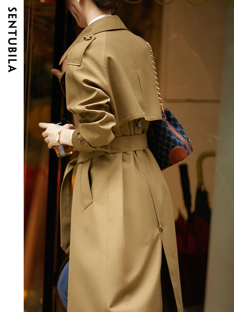 SENTUBILA Women's Belted Trench Coat Elegant Long Windbreaker Jacket Autumn Winter Double Breasted Maillard Outerwear